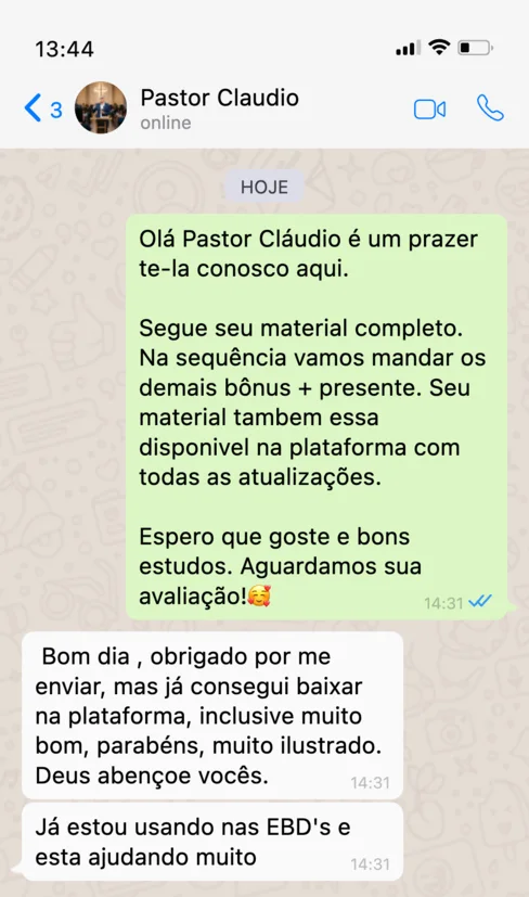 Conversa no WhatsApp em que o Pastor Cláudio elogia a ilustração do atlas e diz já usá-lo nas EBDs