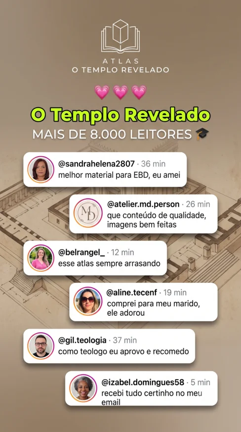 Seis comentários de leitores no Instagram sobre o atlas: melhor material para EBD, conteúdo de qualidade, imagens bem feitas e entrega recebida por e-mail