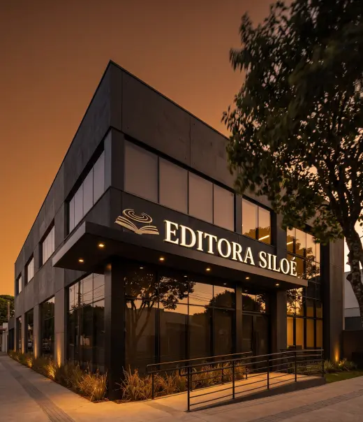 Fachada da sede da Editora Siloé ao fim da tarde, com o letreiro iluminado