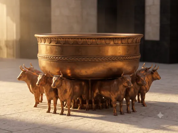 Reconstrução 3D do Mar de Fundição: bacia de bronze apoiada sobre doze bois