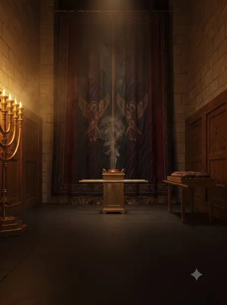 Interior do Lugar Santo com o candelabro, o altar do incenso e o véu